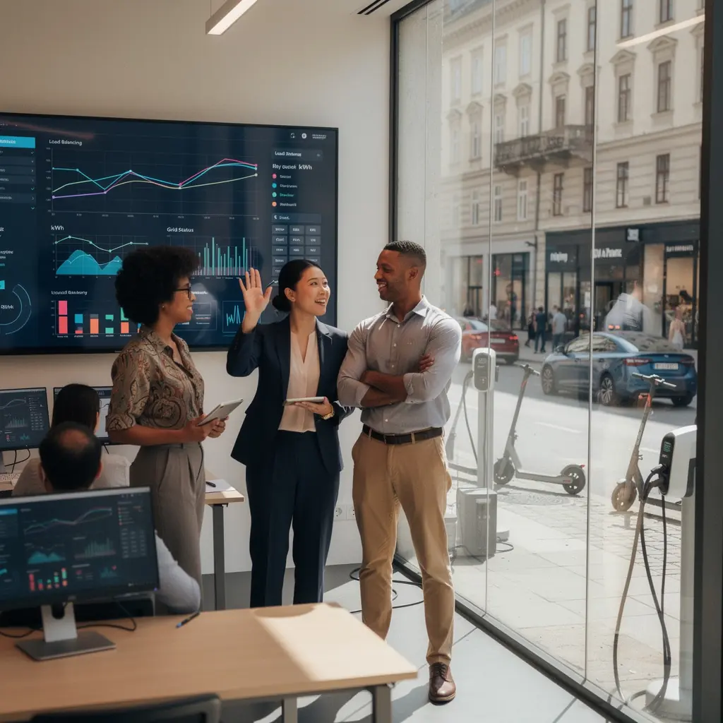 Ein Team von Fachleuten, die an einem Tisch über nachhaltige Energielösungen diskutieren.